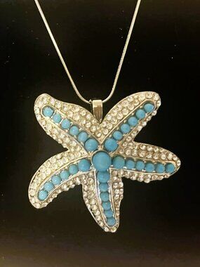 Handmade Turquoise Starfish Necklace Rhinestone Statement Silver Chain OOAK